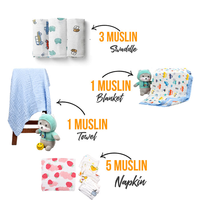 BABY UNISEX SUPERSOFT ORGANIC COTTON MUSLIN -10 PIECES GIFT SET