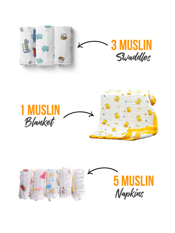 BABY UNISEX SUPERSOFT  ORGANIC COTTON MUSLIN -9 PIECES GIFT SET
