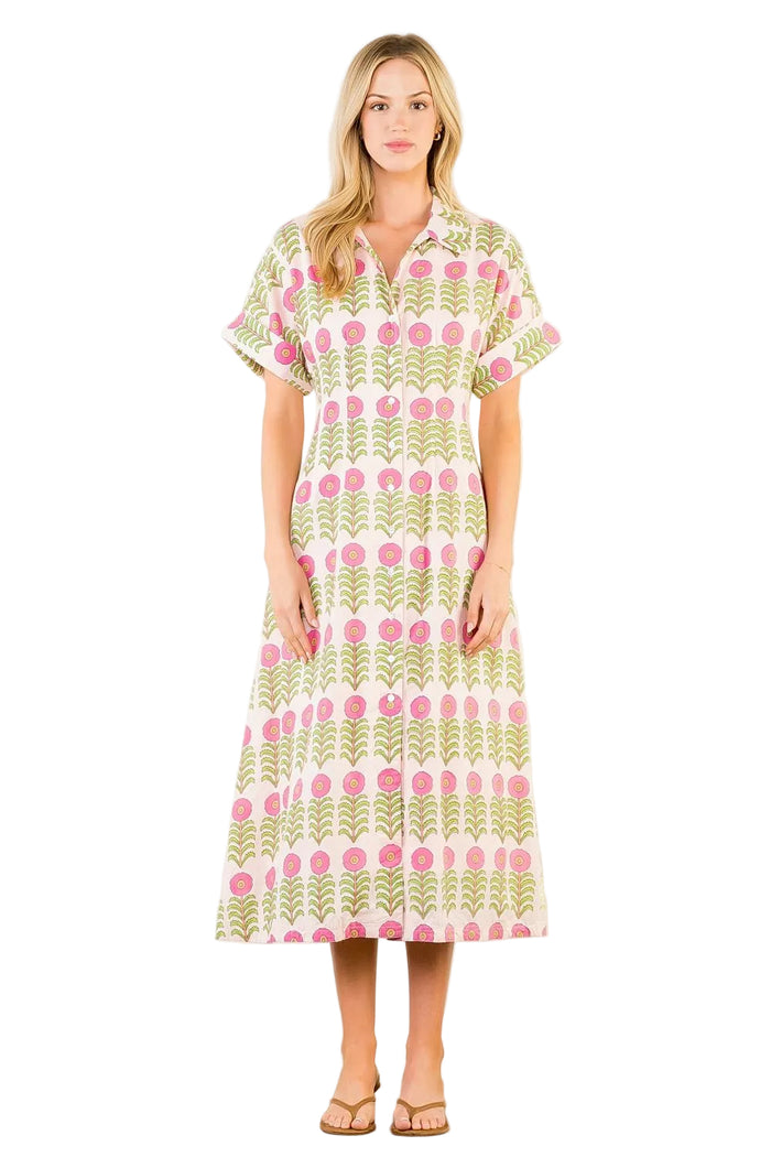 Floral Pattern Button Down Dress (Pink)
