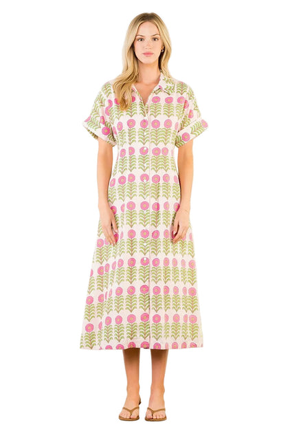 Floral Pattern Button Down Dress (Pink)