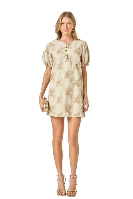 Ginkgo Embroidery Puff Sleeve Mini Dress (Beige)