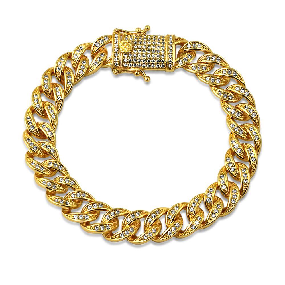Gold 10MM Miami Cuban CZ Bling Ice Lock Bracelet