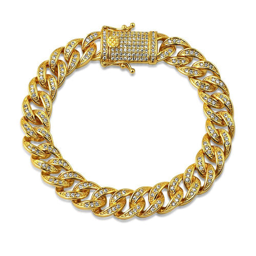 Gold 10MM Miami Cuban CZ Bling Ice Lock Bracelet