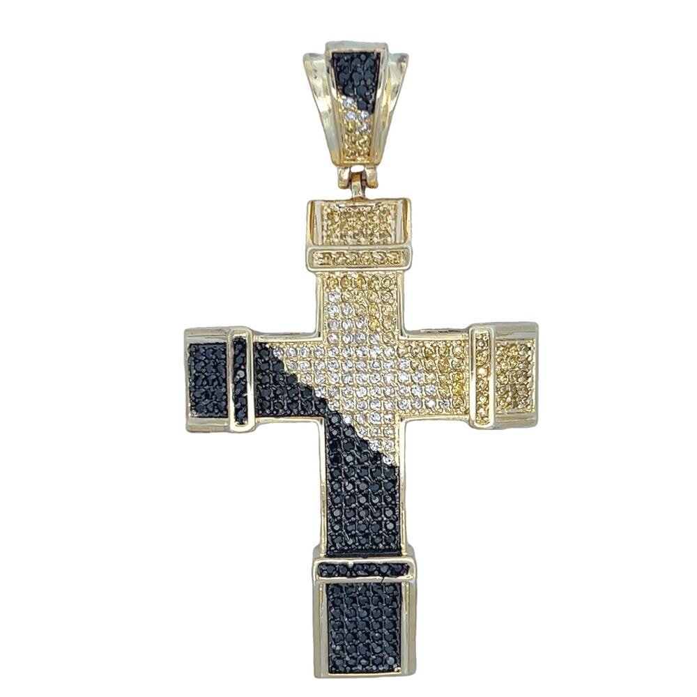 Gold Chunky Diagonal Black & Yellow CZ Cross Iced Out Pendant
