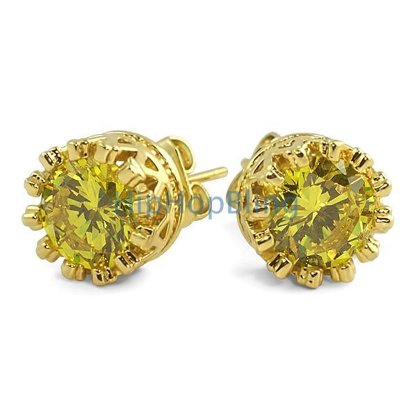Gold Crown Round Canary CZ Bling Bling Earrings