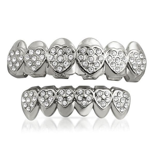 Heart Teeth Silver Grillz Top Bottom Set