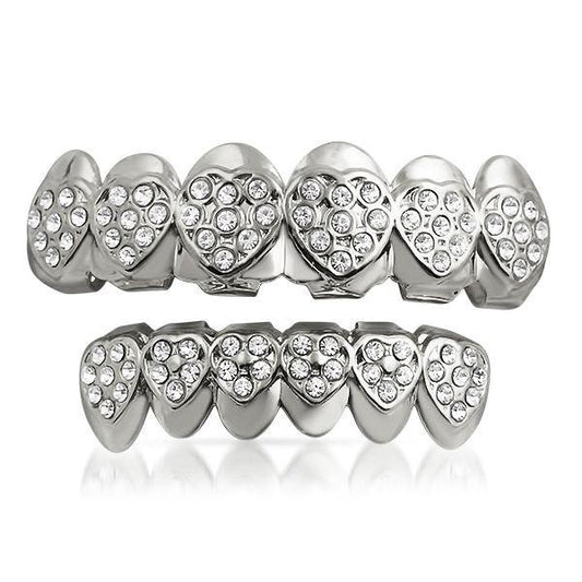 Heart Teeth Silver Grillz Top Bottom Set