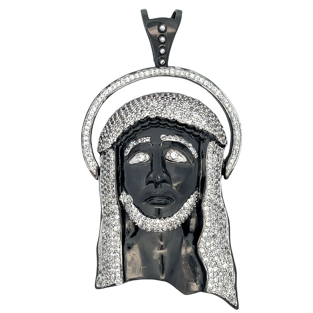 Large Black Jesus Halo CZ Iced Out Pendant