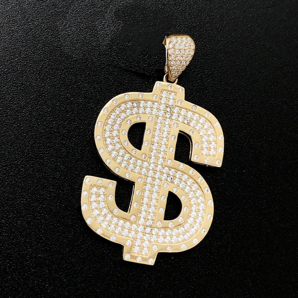 Large Dollar Sign CZ 10K Yellow Gold Pendant
