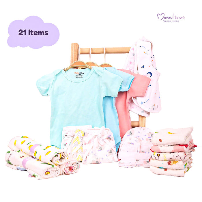 Moms Home Infant Kids Multi-Coloured  Printed Organic Cotton 21-Piece Baby Apparel Gift Set