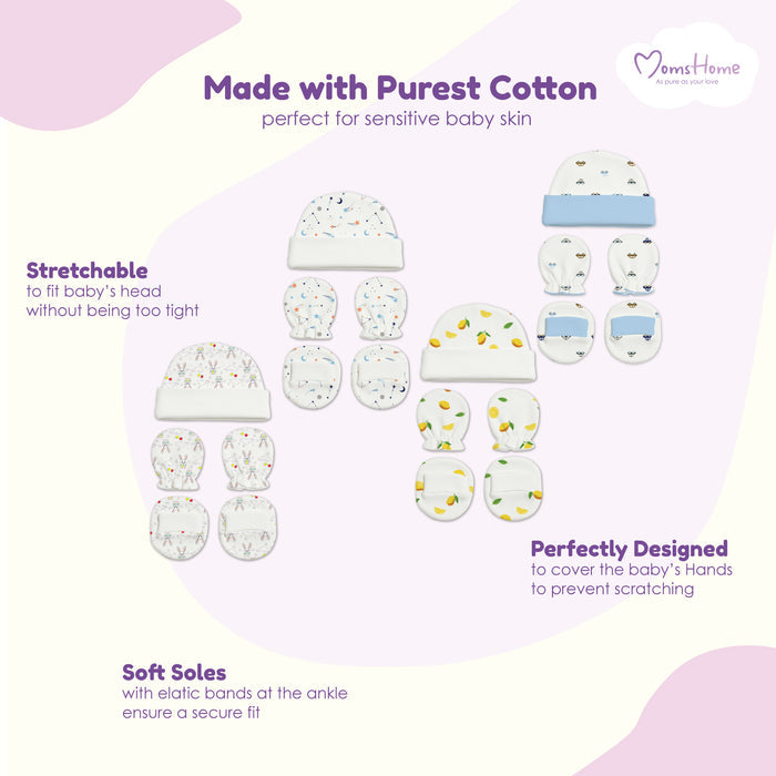 New Born Baby Cap Mitten Bootie Set | Pack of 4 | Mixed Design