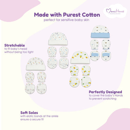 New Born Baby Cap Mitten Bootie Set | Pack of 4 | Mixed Design