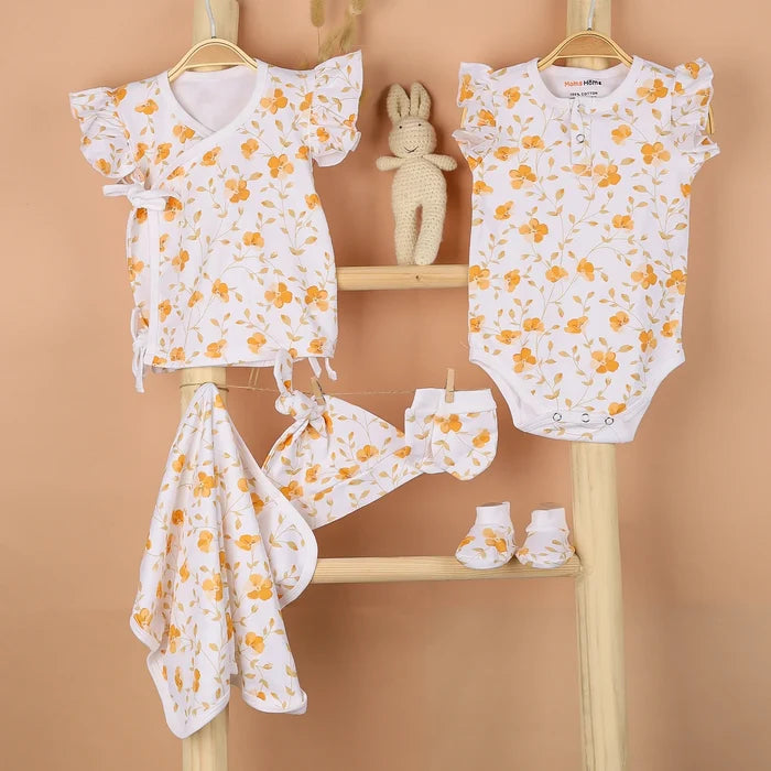 New Born Baby Gift Hamper | Baby Shower Gift Hamper | Baby Essential Clothes Set | Bloom | Pack of  7