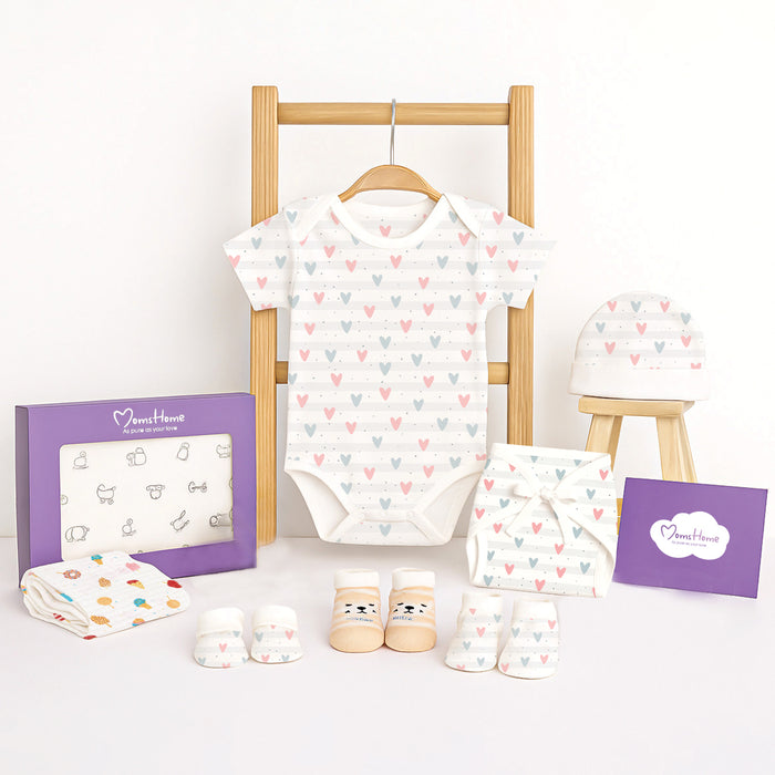 Organic Cotton Baby Essentials Gift Set | Baby Shower Gift Hamper | Baby Clothing Gift Combo | 0-6 Months | Little Heart | Pack of 7