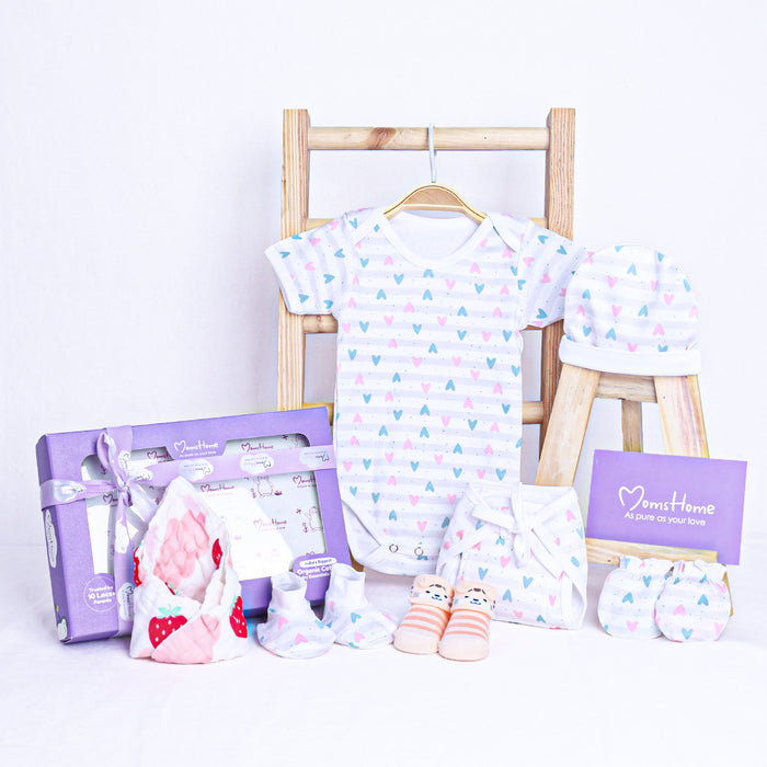 Organic Cotton Baby Essentials Gift Set | Baby Shower Gift Hamper | Baby Clothing Gift Combo | 0-6 Months | Little Heart | Pack of 7