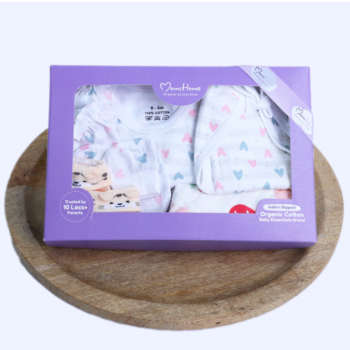 Organic Cotton Baby Essentials Gift Set | Baby Shower Gift Hamper | Baby Clothing Gift Combo | 0-6 Months | Little Heart | Pack of 7