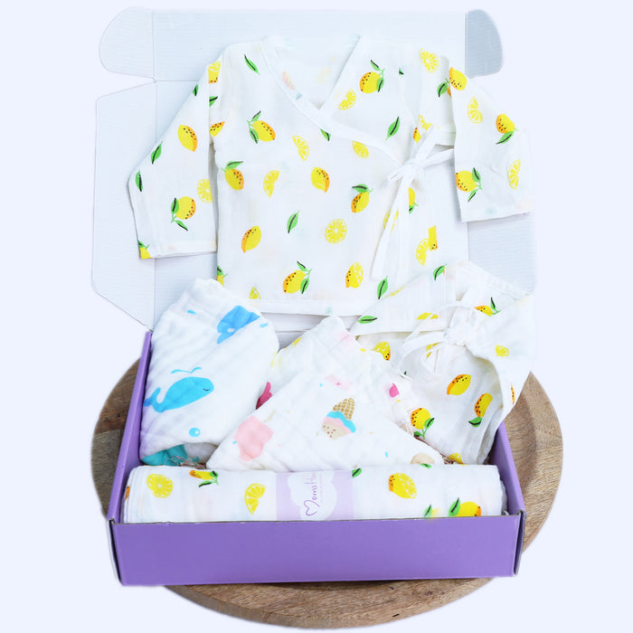 Organic Cotton Muslin Gift Combo Set For New Born Baby | Pack of 6 | Lemon