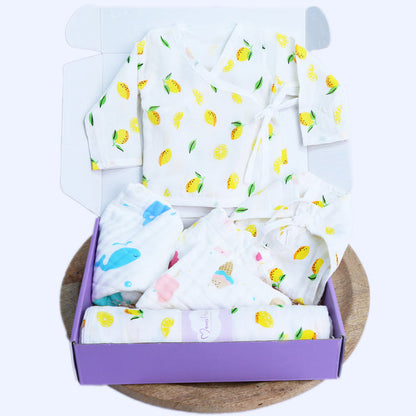 Organic Cotton Muslin Gift Combo Set For New Born Baby | Pack of 6 | Lemon