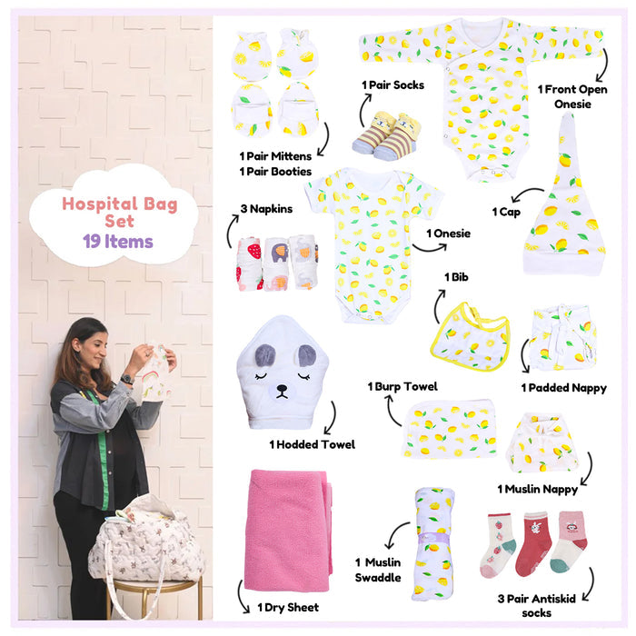 Organic Cotton New Born Baby Hospital Bag Kit | 0-6 Months | 19 Items | Lemon