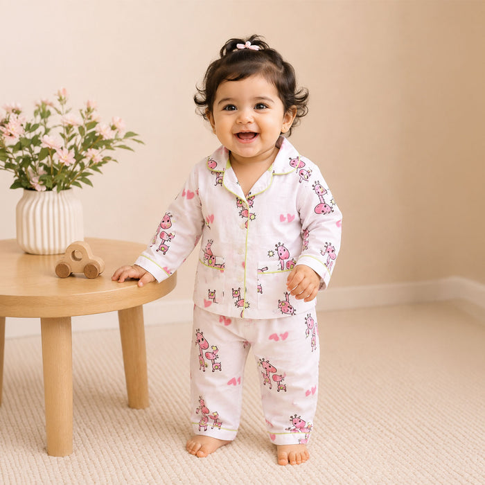 Organic Cotton Unisex Kids Pajama Set Combo | Night Suit | Sleepwear | Pink Giraffe