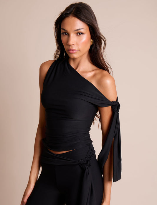Knot Detail Asymmetric One Shoulder Luxe Slinky Top Black