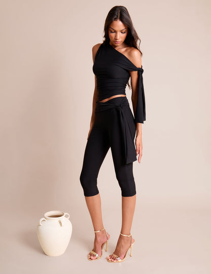 Knot Detail Tie Side Luxe Slinky Capri Pants Black