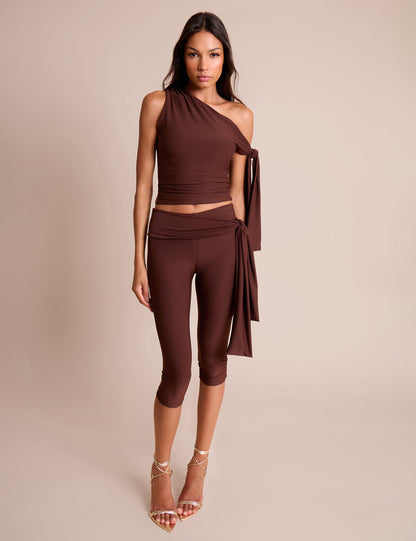 Knot Detail Tie Side Luxe Slinky Capri Pants Chocolate