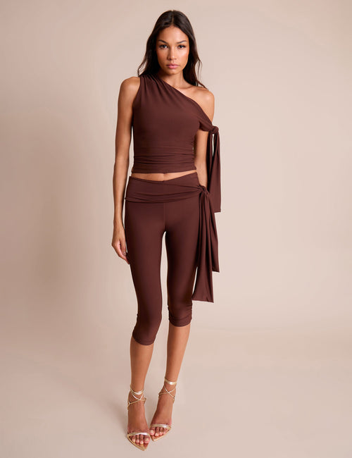 Knot Detail Tie Side Luxe Slinky Capri Pants Chocolate
