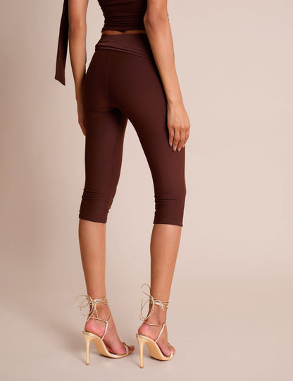 Knot Detail Tie Side Luxe Slinky Capri Pants Chocolate