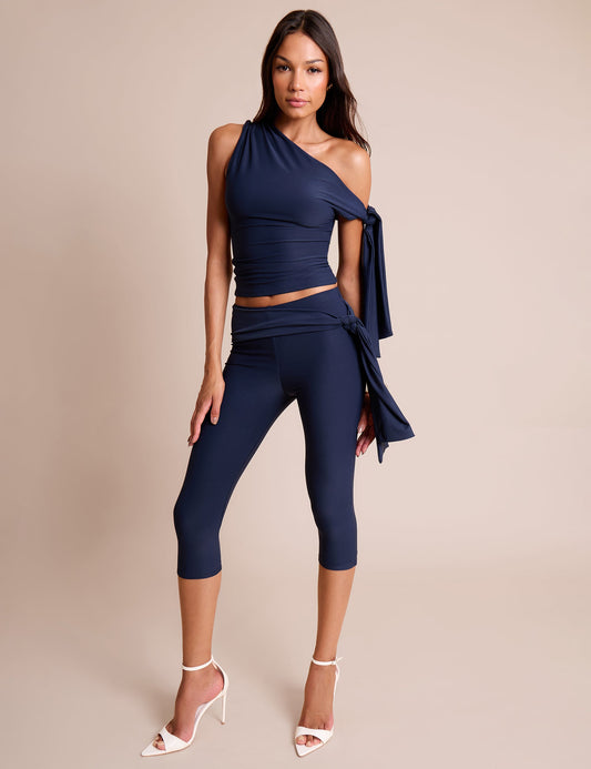 Knot Detail Tie Side Luxe Slinky Capri Pants Navy
