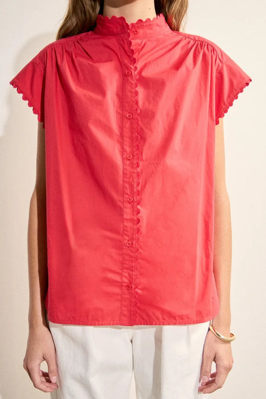 Scallop Trim Ric Rac Short Sleeve Shirt (Red)