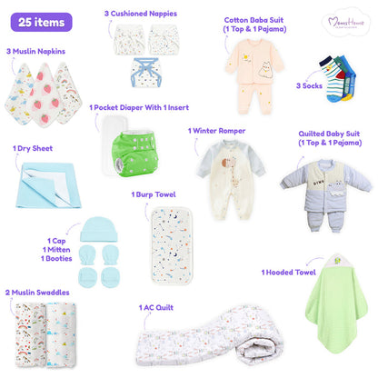 Winter Hospital Kit For Newborn Baby | New Born Baby Essentials Gift Combo | 25 Items | Mixed Design