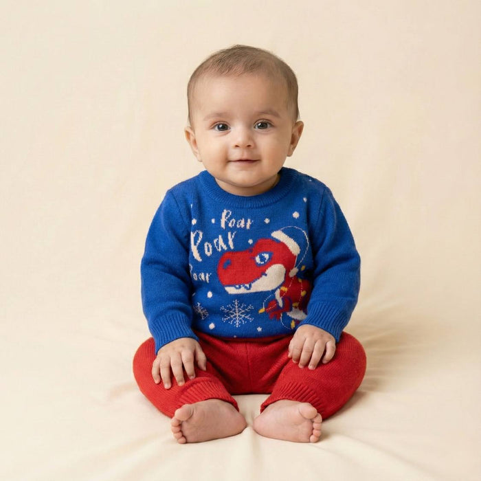 Winter Warm Woollen Full Sleeve Sweater For Baby | Dinosaur | Blue | Pack of 1